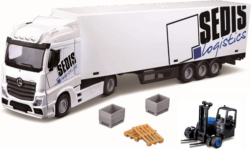 31471 Ciężarówka Tir Mercedes-Benz Actros with Trailer and Lift z naczepą + Wózek widłowy Bburago 1:43